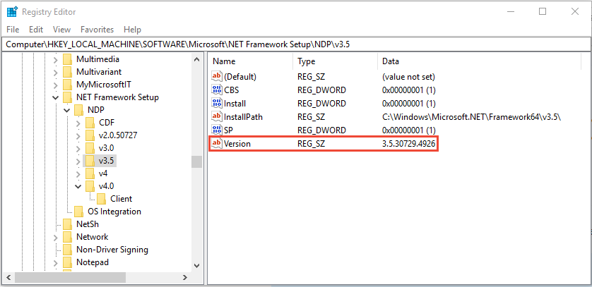 The registry entry for the .NET Framework 3.5.